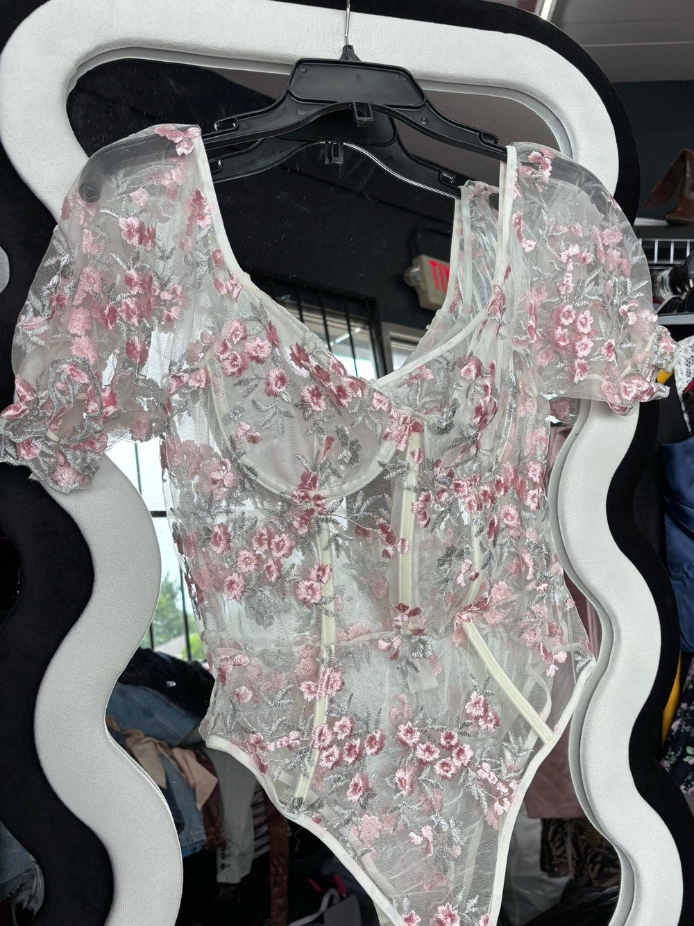 Embroidered Sheer Floral Bodysuit - Pink